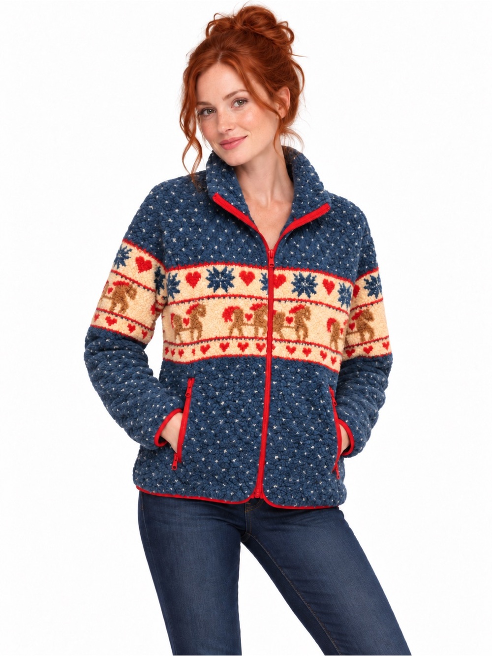Cozy Navy Patterned Teddy Jacket with Red Trim